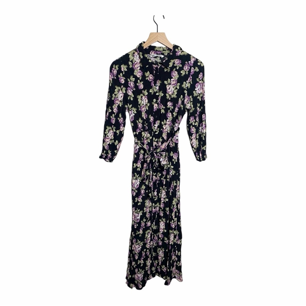 Zara Black and Purple Floral Long Sleeve Dress